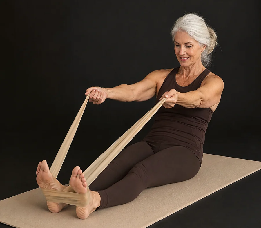 Une femme fait un exercice de Pilates au sol avec un élastique